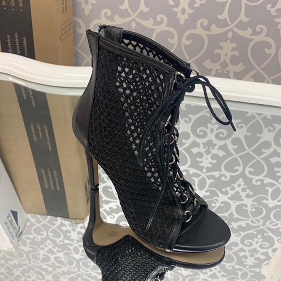 Women’s Fishnet Lace Up Stiletto Ankle Boots in Black Faux Leather and Zipper - Picture 1 of 4